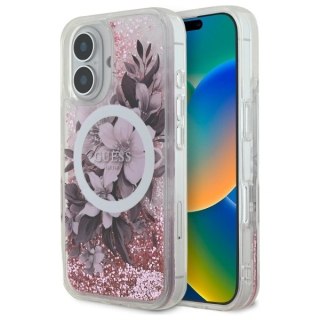 Etui na telefon Apple iPhone 16 Guess Liquid Glitter Flower MagSafe różowe