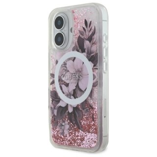 Etui na telefon Apple iPhone 16 Guess Liquid Glitter Flower MagSafe różowe