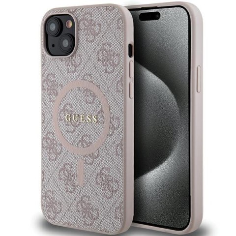 Etui na telefon iPhone 14/15 Guess hardcase MagSafe różowe skórzane