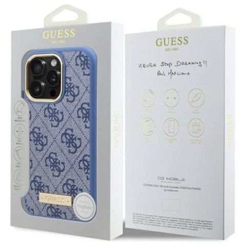 Etui na telefon iPhone 16 Pro Max Guess MagSafe niebieskie 4G Logo