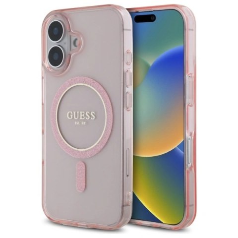 Etui na telefon Guess GUHMP16SHFGEREP iPhone 16 MagSafe różowy glitter