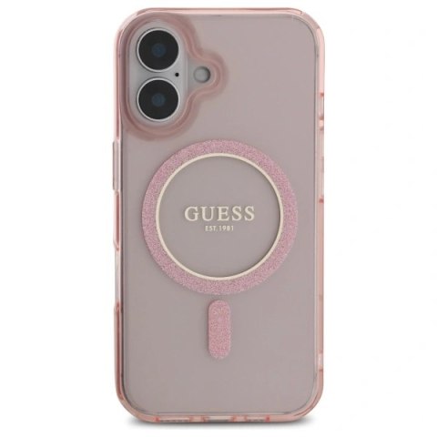 Etui na telefon Guess GUHMP16SHFGEREP iPhone 16 MagSafe różowy glitter