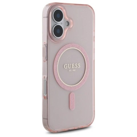 Etui na telefon Guess GUHMP16SHFGEREP iPhone 16 MagSafe różowy glitter