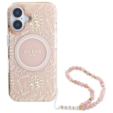 Etui Guess GUHMP16MHCPOFPP Apple iPhone 16 Plus hardcase IML Flowers Allover Electro With Pearl Strap MagSafe różowy/pink