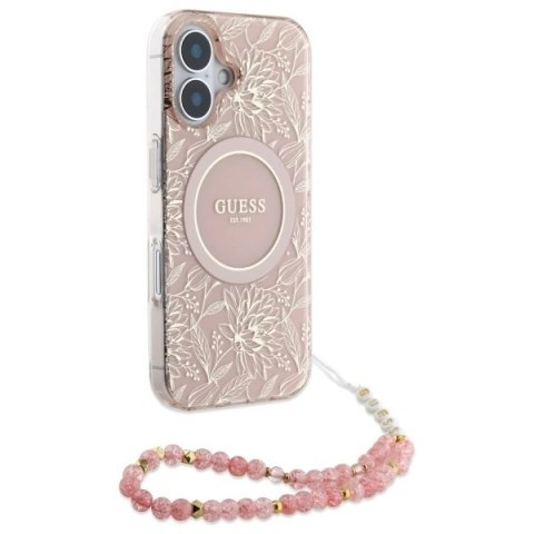 Etui Guess GUHMP16MHCPOFPP Apple iPhone 16 Plus hardcase IML Flowers Allover Electro With Pearl Strap MagSafe różowy/pink