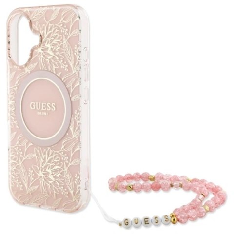 Etui Guess GUHMP16MHCPOFPP Apple iPhone 16 Plus hardcase IML Flowers Allover Electro With Pearl Strap MagSafe różowy/pink