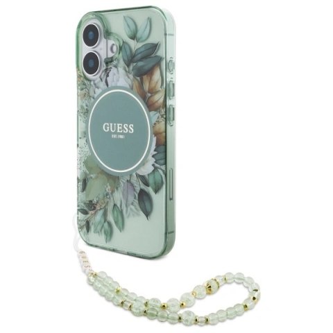 Etui Guess GUHMP16MHFWBRCESN Apple iPhone 16 Plus hardcase IML Flowers With Pearl Strap MagSafe zielony/green