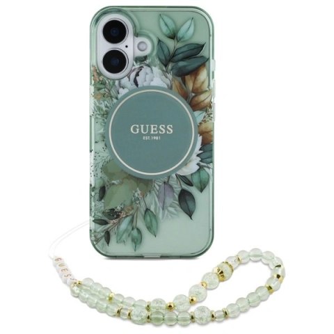 Etui Guess GUHMP16MHFWBRCESN Apple iPhone 16 Plus hardcase IML Flowers With Pearl Strap MagSafe zielony/green