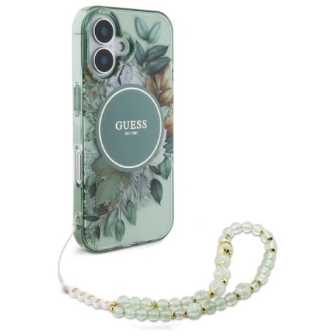 Etui Guess GUHMP16MHFWBRCESN Apple iPhone 16 Plus hardcase IML Flowers With Pearl Strap MagSafe zielony/green