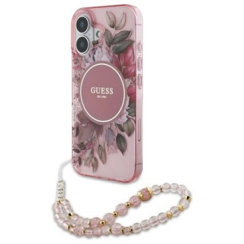 Etui Guess GUHMP16MHFWBRCESP Apple iPhone 16 Plus hardcase IML Flowers With Pearl Strap MagSafe różowy/pink