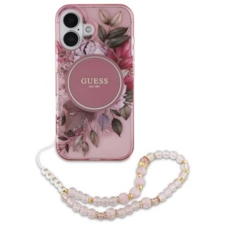 Etui Guess GUHMP16MHFWBRCESP Apple iPhone 16 Plus hardcase IML Flowers With Pearl Strap MagSafe różowy/pink