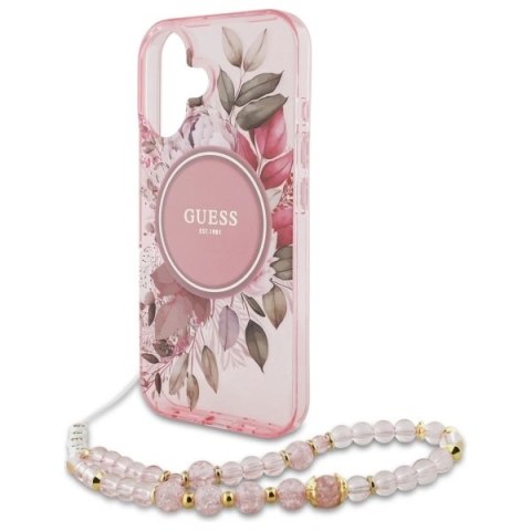 Etui Guess GUHMP16MHFWBRCESP Apple iPhone 16 Plus hardcase IML Flowers With Pearl Strap MagSafe różowy/pink