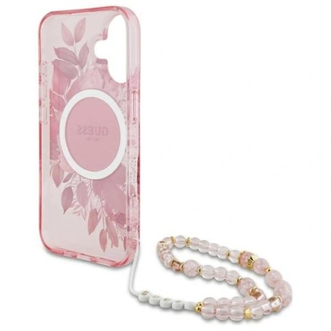 Etui Guess GUHMP16MHFWBRCESP Apple iPhone 16 Plus hardcase IML Flowers With Pearl Strap MagSafe różowy/pink