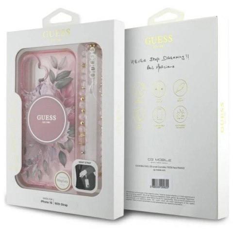 Etui Guess GUHMP16MHFWBRCESP Apple iPhone 16 Plus hardcase IML Flowers With Pearl Strap MagSafe różowy/pink