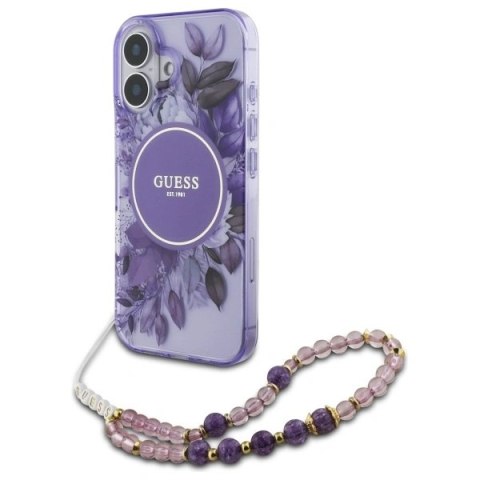 Etui Guess GUHMP16MHFWBRCESU Apple iPhone 16 Plus hardcase IML Flowers With Pearl Strap MagSafe fioletowy/purple