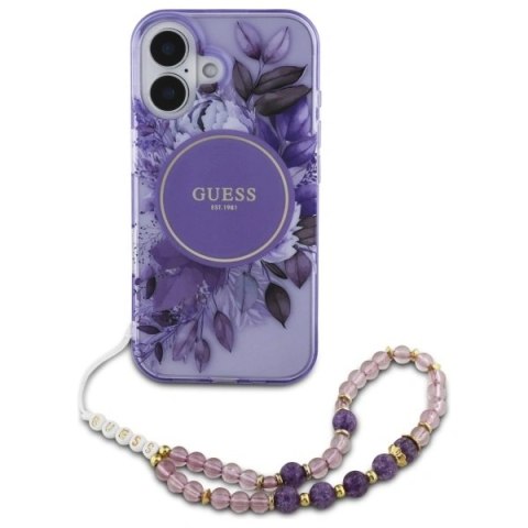 Etui Guess GUHMP16MHFWBRCESU Apple iPhone 16 Plus hardcase IML Flowers With Pearl Strap MagSafe fioletowy/purple