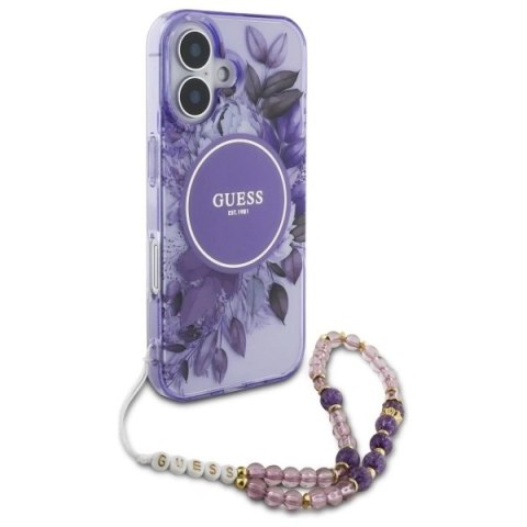 Etui Guess GUHMP16MHFWBRCESU Apple iPhone 16 Plus hardcase IML Flowers With Pearl Strap MagSafe fioletowy/purple