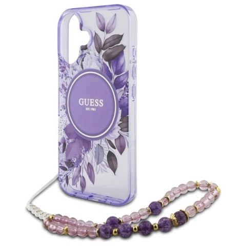 Etui Guess GUHMP16MHFWBRCESU Apple iPhone 16 Plus hardcase IML Flowers With Pearl Strap MagSafe fioletowy/purple