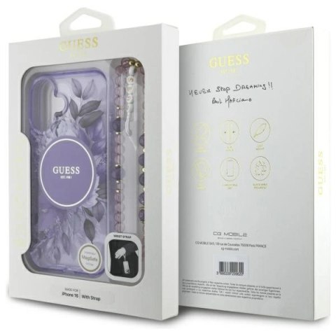 Etui Guess GUHMP16MHFWBRCESU Apple iPhone 16 Plus hardcase IML Flowers With Pearl Strap MagSafe fioletowy/purple