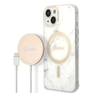 Zestaw Guess etui + ładowarka bezprzewodowa GUBPP14SHMEACSH Apple iPhone 14 biały/white hard case Marble MagSafe