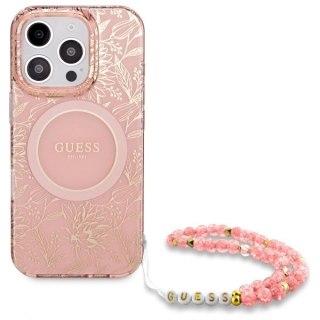 Etui Guess GUHMP16XHCPOFPP Apple iPhone 16 Pro Max hardcase IML Flowers Allover Electro With Pearl Strap MagSafe różowy/pink