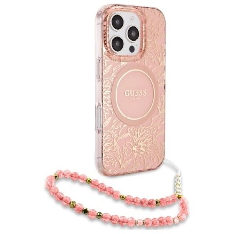 Etui Guess GUHMP16LHCPOFPP Apple iPhone 16 Pro hardcase IML Flowers Allover Electro With Pearl Strap MagSafe różowy/pink