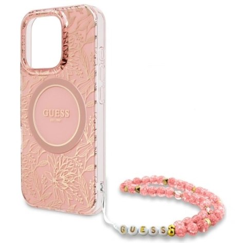 Etui Guess GUHMP16LHCPOFPP Apple iPhone 16 Pro hardcase IML Flowers Allover Electro With Pearl Strap MagSafe różowy/pink