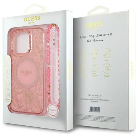 Etui Guess GUHMP16LHCPOFPP Apple iPhone 16 Pro hardcase IML Flowers Allover Electro With Pearl Strap MagSafe różowy/pink