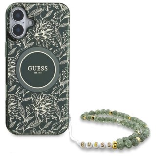 Etui Guess GUHMP16SHCPOFPA Apple iPhone 16 hardcase IML Flowers Allover Electro With Pearl Strap MagSafe zielony/green