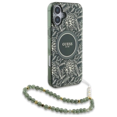 Etui Guess GUHMP16SHCPOFPA Apple iPhone 16 hardcase IML Flowers Allover Electro With Pearl Strap MagSafe zielony/green