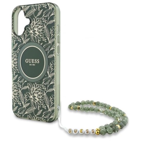 Etui Guess GUHMP16SHCPOFPA Apple iPhone 16 hardcase IML Flowers Allover Electro With Pearl Strap MagSafe zielony/green