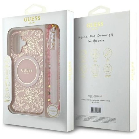 Etui Guess GUHMP16SHCPOFPP Apple iPhone 16 hardcase IML Flowers Allover Electro With Pearl Strap MagSafe różowy/pink