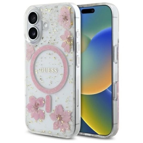 Etui Guess GUHMP16SRBFGFGMP Apple iPhone 16 hardcase Resin Flower Glitter MagSafe różowy/pink