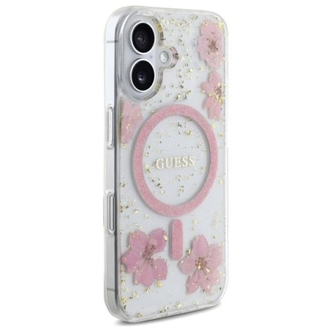 Etui Guess GUHMP16SRBFGFGMP Apple iPhone 16 hardcase Resin Flower Glitter MagSafe różowy/pink