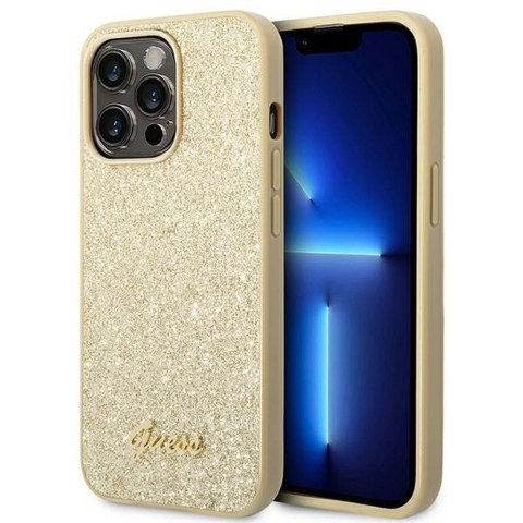 GUESS Etui do iPhone 14 Pro GUHCP14LHGGSHD (Glitter Flakes Script Metal Logo) złoty