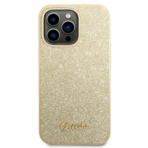 GUESS Etui do iPhone 14 Pro GUHCP14LHGGSHD (Glitter Flakes Script Metal Logo) złoty