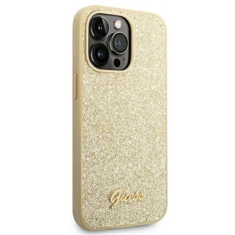 GUESS Etui do iPhone 14 Pro GUHCP14LHGGSHD (Glitter Flakes Script Metal Logo) złoty