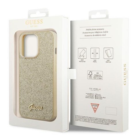 GUESS Etui do iPhone 14 Pro GUHCP14LHGGSHD (Glitter Flakes Script Metal Logo) złoty