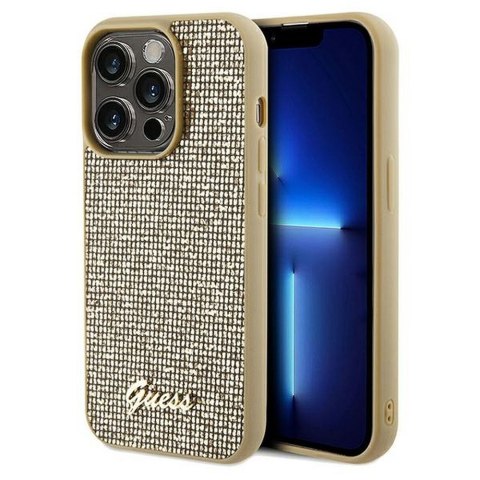 GUESS Etui do iPhone 14 Pro GUHCP14LPMSDGSD (Disco Script Metal) złoty
