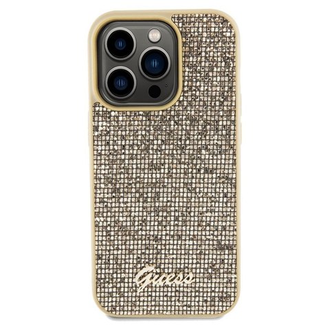 GUESS Etui do iPhone 14 Pro GUHCP14LPMSDGSD (Disco Script Metal) złoty