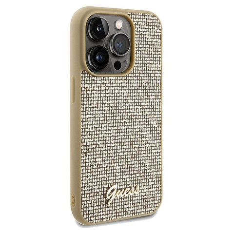 GUESS Etui do iPhone 14 Pro GUHCP14LPMSDGSD (Disco Script Metal) złoty