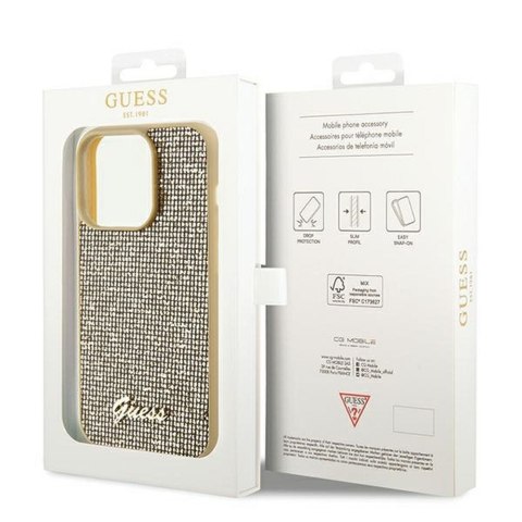 GUESS Etui do iPhone 14 Pro GUHCP14LPMSDGSD (Disco Script Metal) złoty