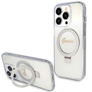 GUESS Etui do iPhone 15 Pro kompatybilny z MagSafe GUHMP15LHRSGSD (Glitter Script Logo Ring stand) transparentny