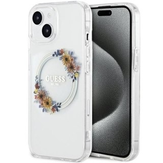 GUESS Etui do iPhone 15 kompatybilny z MagSafe GUHMP15SHFWFCT (Flowers Wreath) transparentny