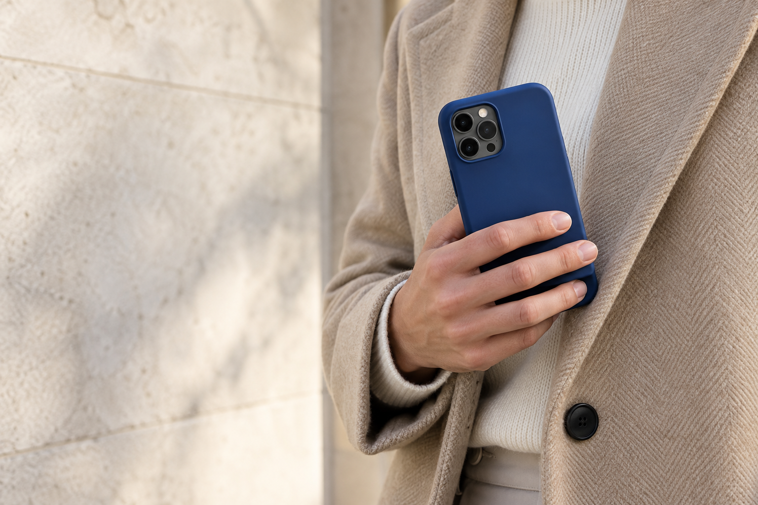 Telefon w niebieskim etui na tle jasnego płaszcza