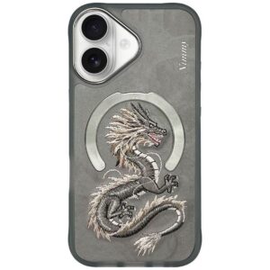 Nimmy Dragon MagSafe – szare etui do iPhone 16 z haftowanym smokiem