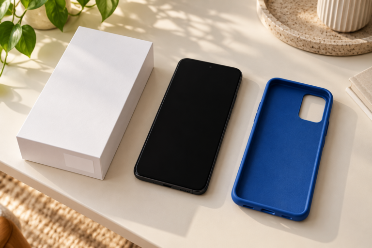 Telefon, pudełko i oddzielne etui na jasnym biurku — ilustracja sprawdzania modelu