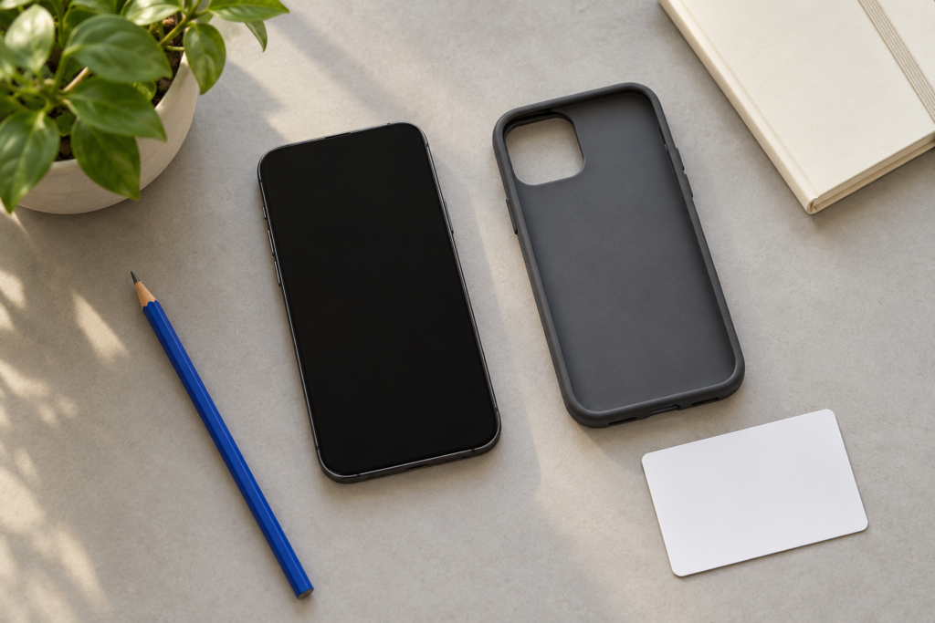 Telefon, etui i notatnik — ilustracja zapisywania oznaczenia modelu