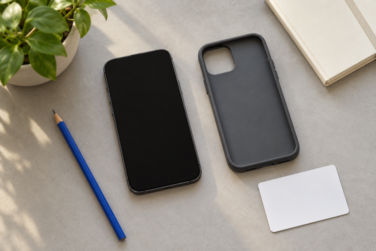Telefon, etui i notatnik — ilustracja zapisywania oznaczenia modelu