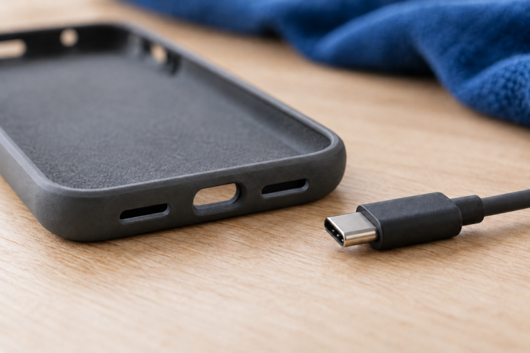 Dolna krawędź pustego etui obok przewodu USB-C — ilustracja dostępu do złącza